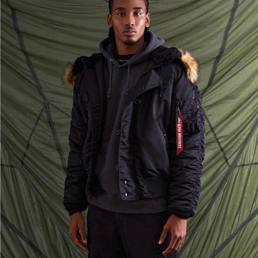 Alpha Industries Black Puffer Jacket with Faux Fur Hood